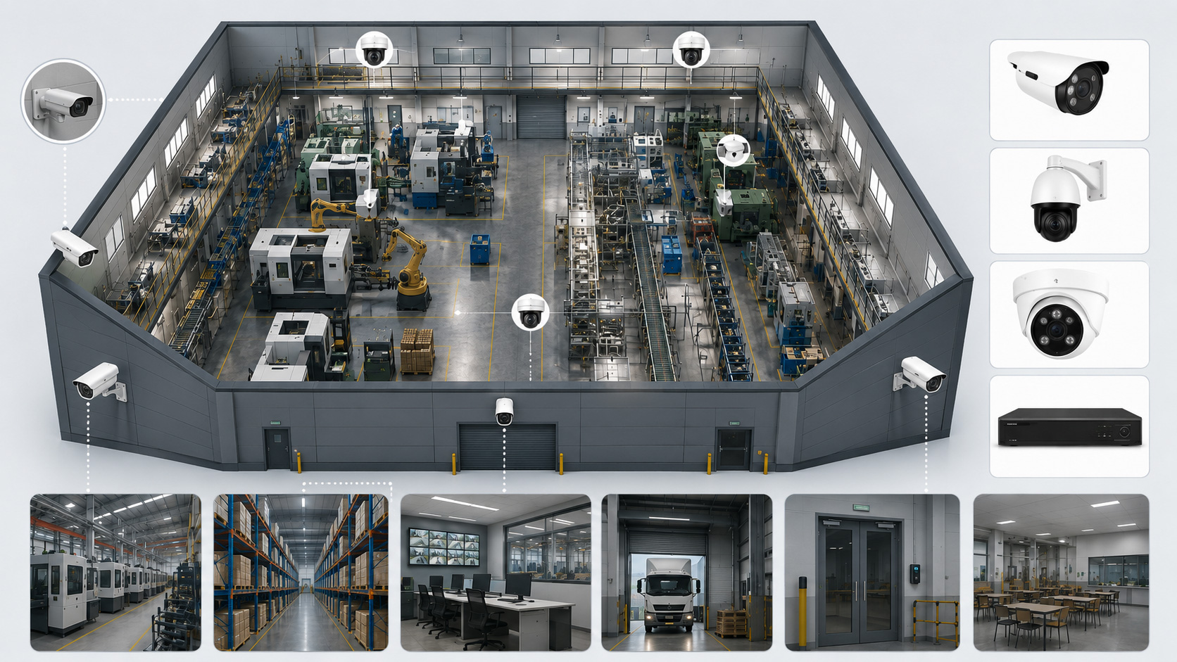 withview-factory-warehouse-cctv-3d-layout 위드뷰 공장 및 창고 3D CCTV 설치 구조도. 생산 라인, 물류 창고, 중앙 통제실, 하역장, 출입구 등 넓고 복잡한 산업 현장의 사각지대를 완벽하게 없애주는 불릿 카메라, 회전형 PTZ 카메라, 돔 카메라 및 고화질 녹화기(NVR) 맞춤형 배치 안내입니다.