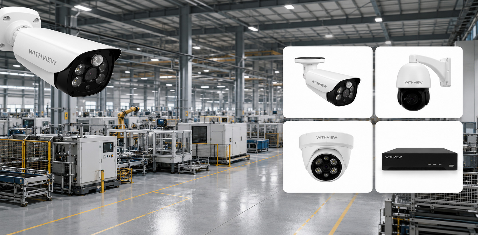 withview-factory-warehouse-cctv-product-lineup 위드뷰 공장 및 물류창고 CCTV 설치 제품 라인업. 넓은 산업 현장에 최적화된 고화질 실외용 불릿 카메라, 실내 돔 카메라, 사각지대 없는 회전형 PTZ 카메라 및 전용 녹화기로 구성된 기업 맞춤형 방범 솔루션입니다.