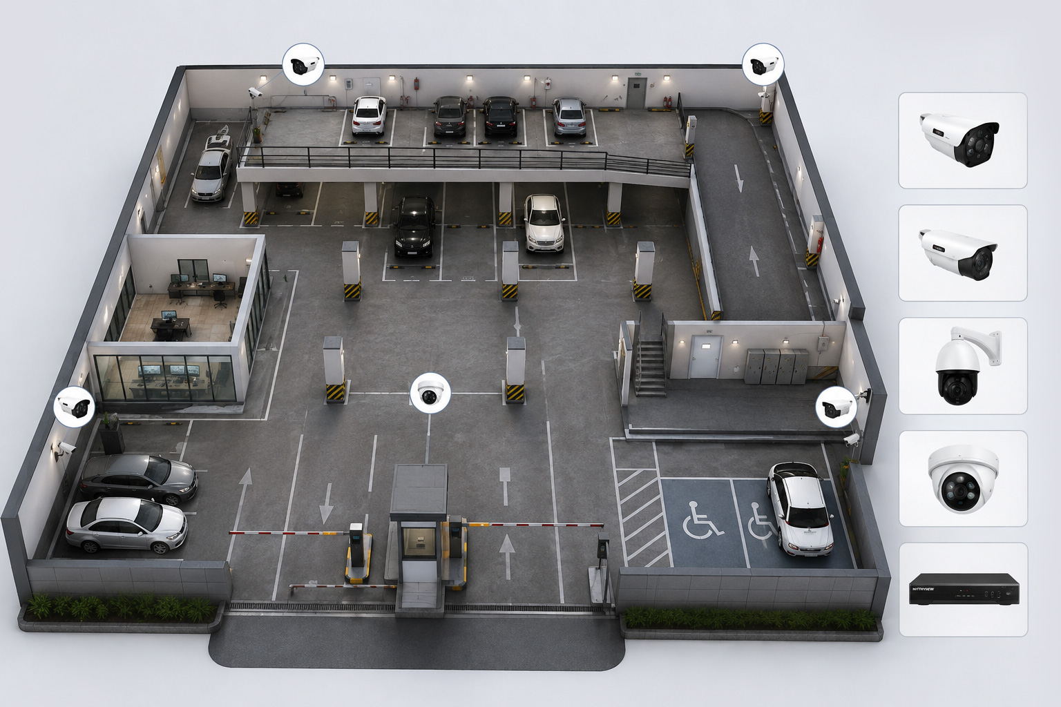 위드뷰 주차장 3D CCTV 설치 구조도. 차량 출입구 차단기, 주차 구역, 층간 경사로, 보안 통제실 등 문콕 및 접촉 사고를 예방하고 사각지대를 완벽히 차단하는 불릿 카메라, 돔 카메라, PTZ 카메라 및 전용 녹화기 맞춤형 배치 안내입니다.
